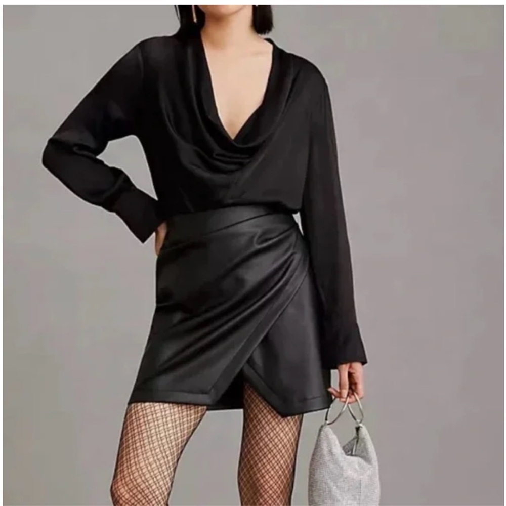 Anthropologie Maeve Plunge Black Faux Leather Dress size 14